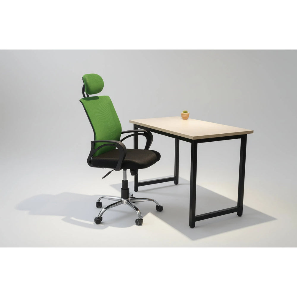 Neva Core green mesh chair with black seat beside a light-colored desk