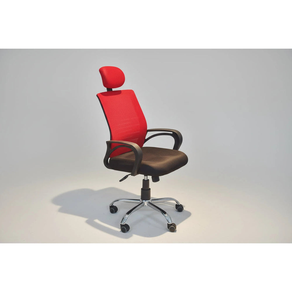 Neva Core red mesh chair with matching headrest and black seat, front three-quarter view