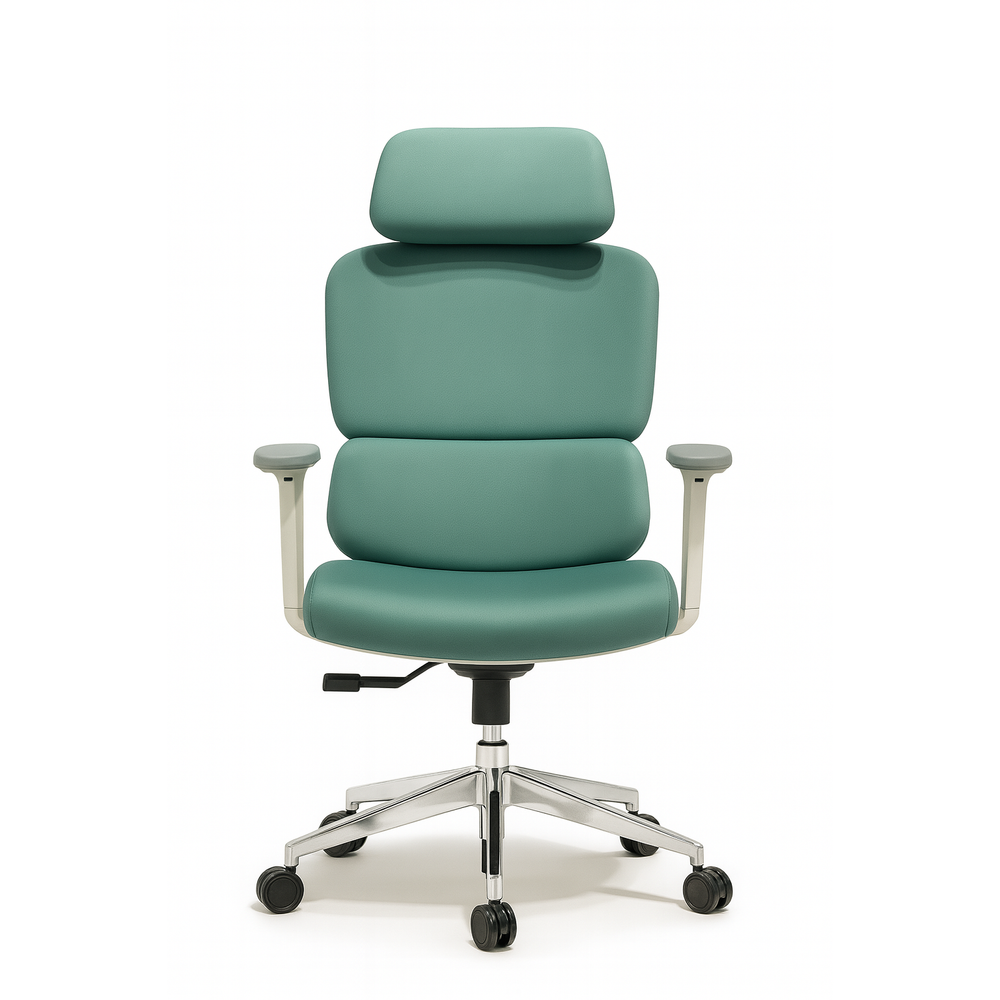 Neva Axis green padded chair with separate headrest and light-coloured arms, front view