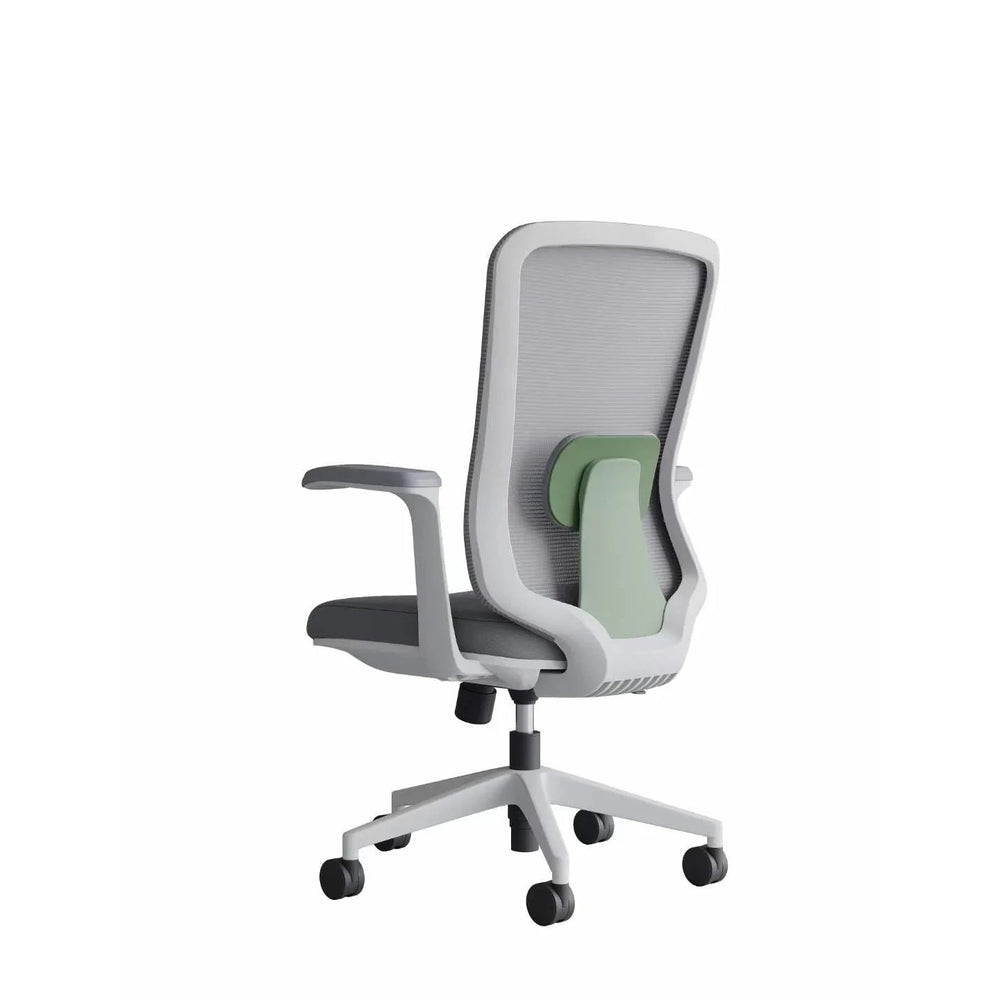 Neva Motion chair shown without a headrest, rear three-quarter view with green support and white base