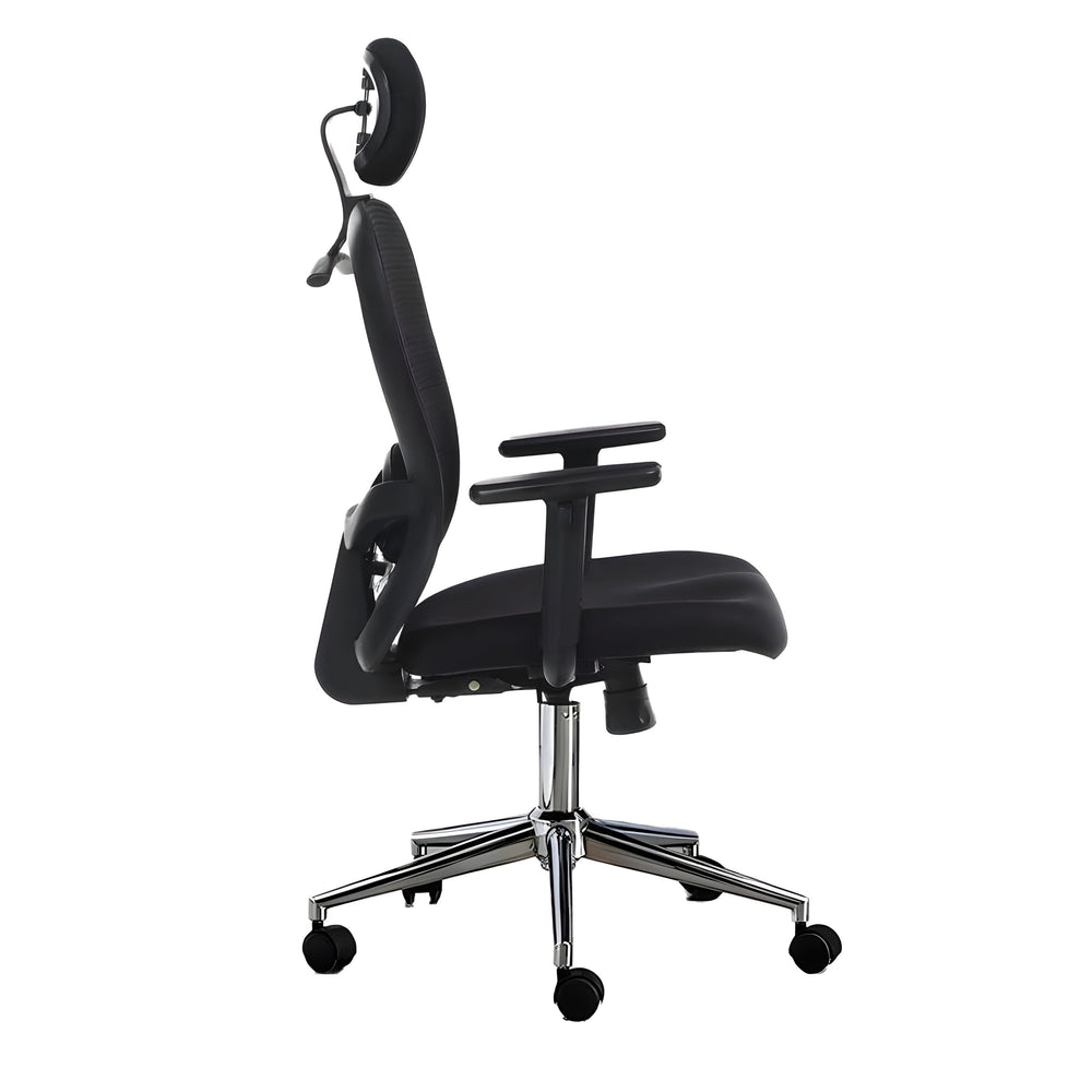 Neva ErgoLine black chair with headrest and polished base, side view