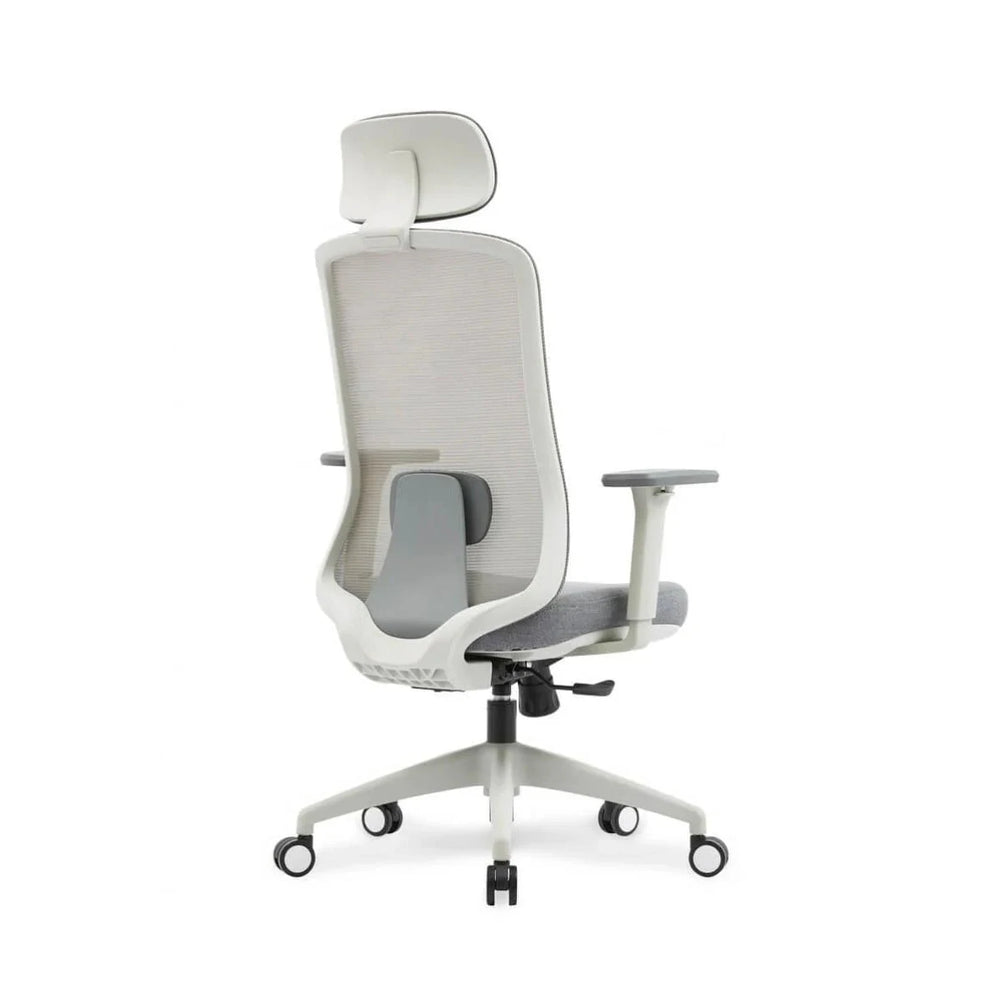 Neva Motion chair rear three-quarter view with headrest, grey support and white base