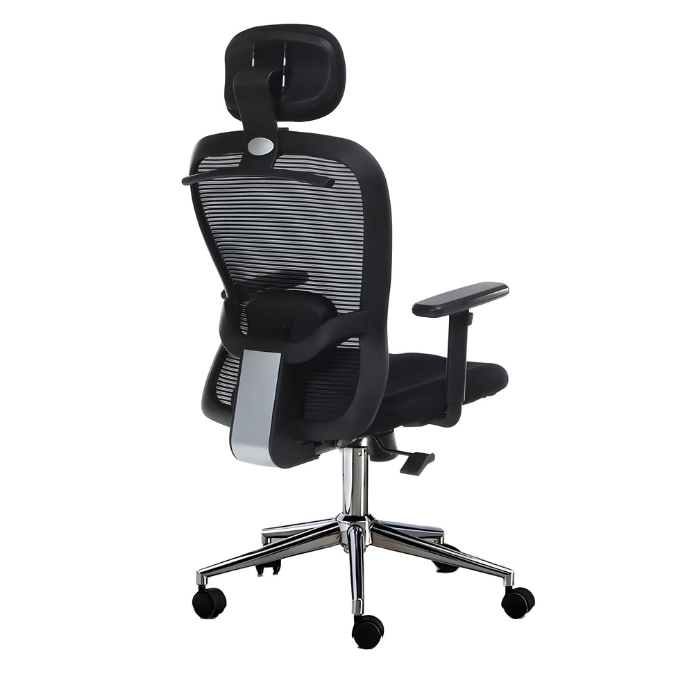Neva ErgoLine black chair with headrest bracket and silver back support, rear three-quarter view