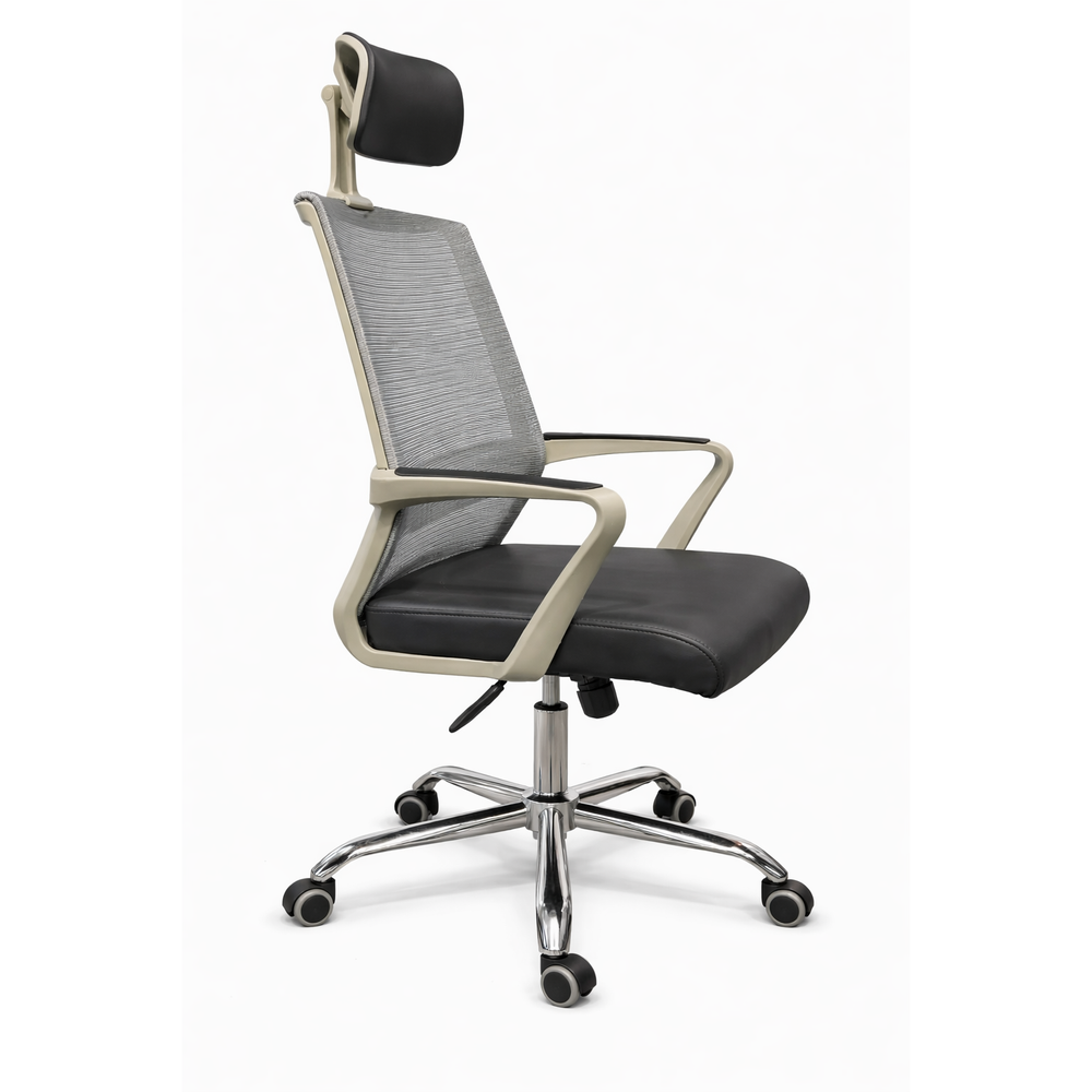 Neva Aero grey mesh chair with light frame, side three-quarter view