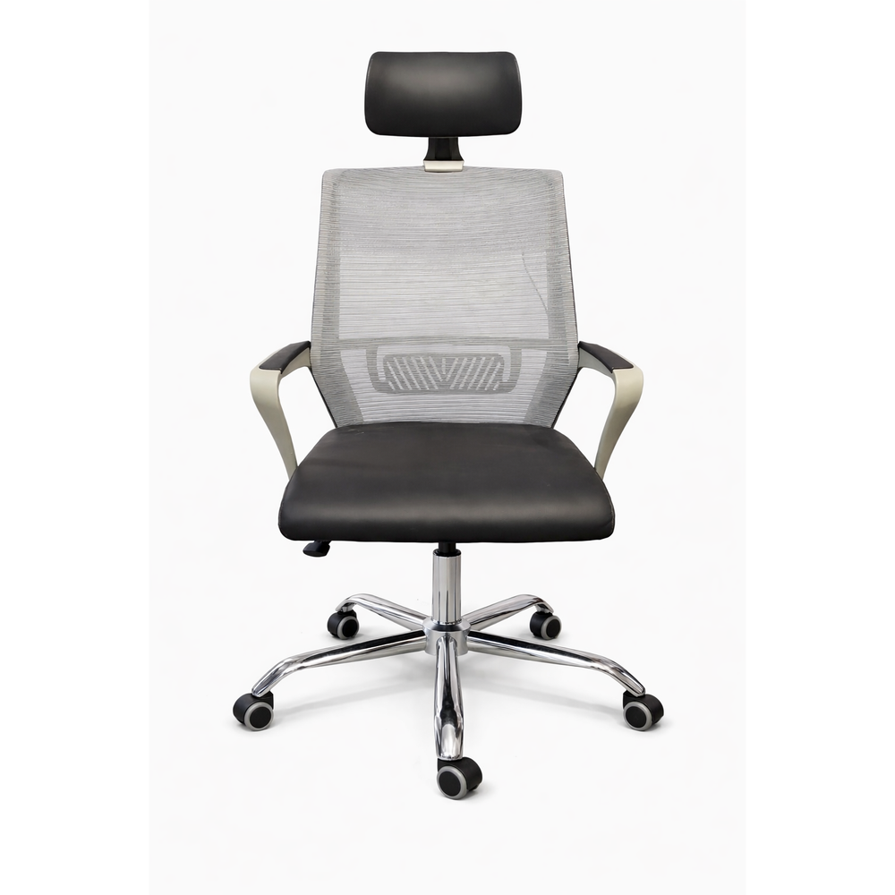 Neva Aero grey mesh chair with black headrest and seat, front view