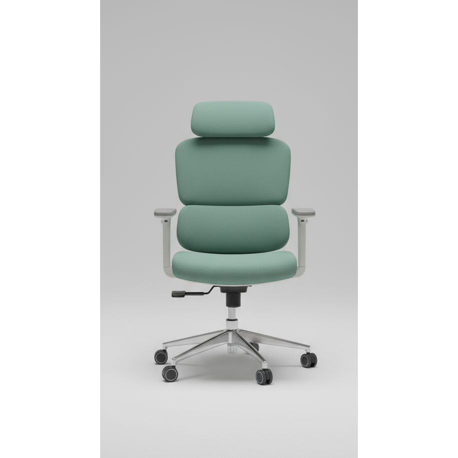 Neva Axis green padded chair with separate headrest and polished base on a grey background