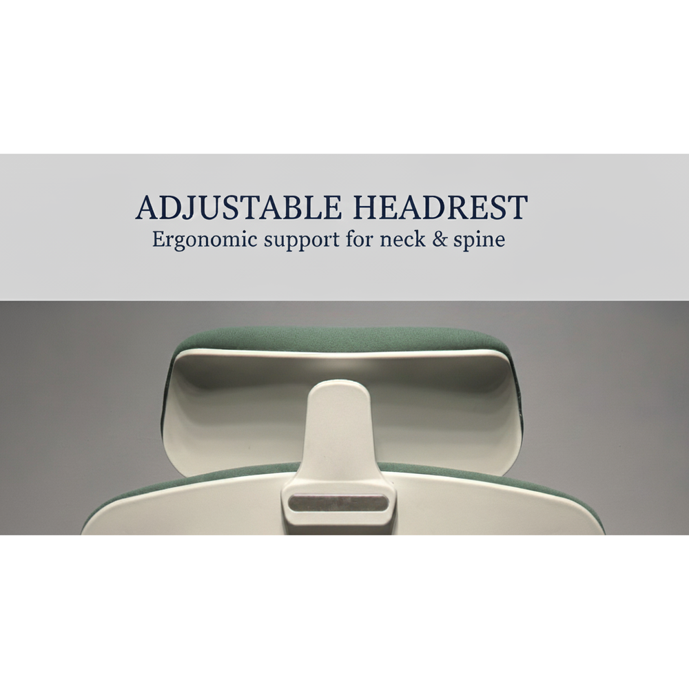 Neva Axis headrest detail graphic showing the padded top and light-coloured rear support