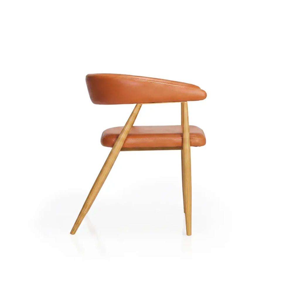 Neva Leto Chair — side profile of the tan upholstered wooden armchair.