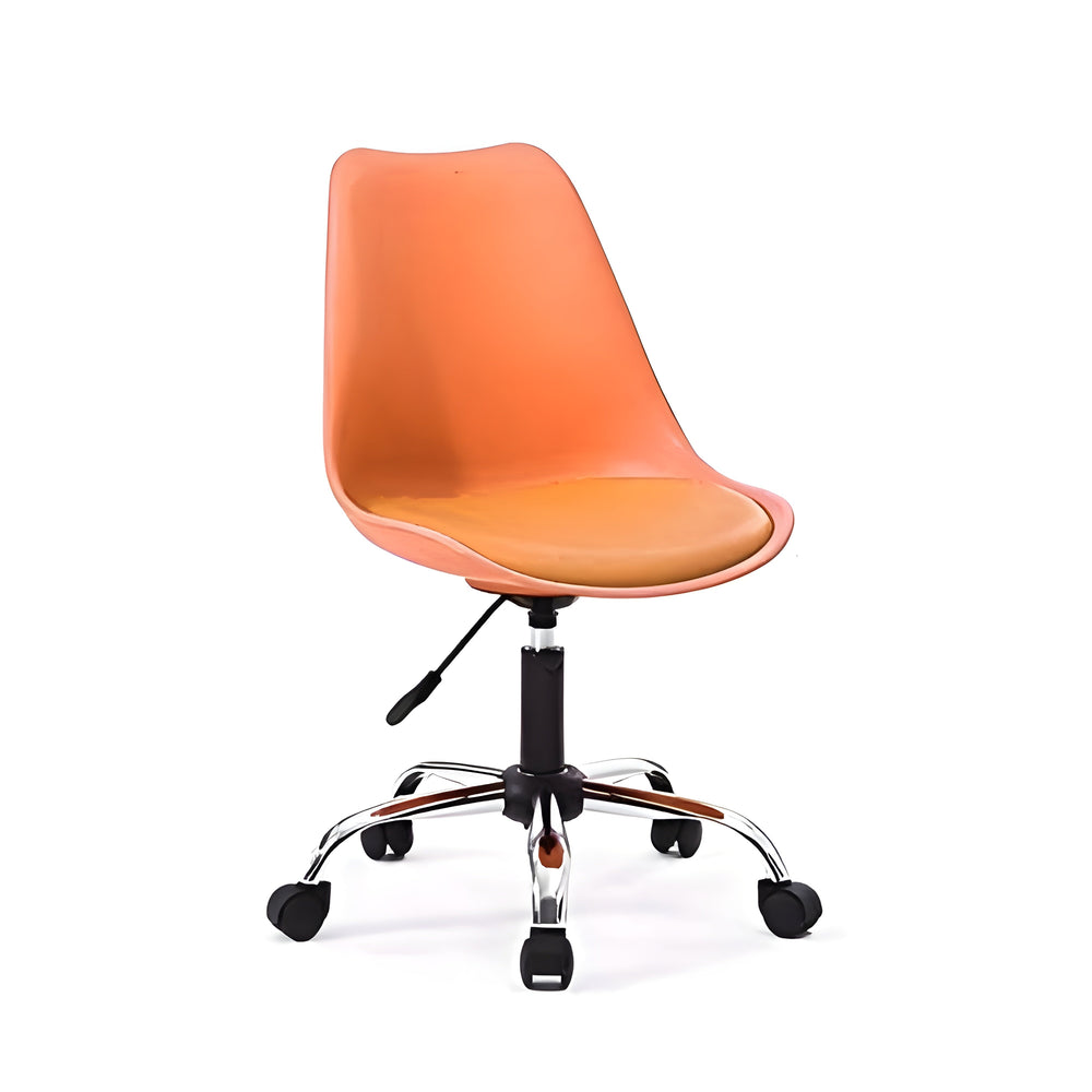 Orange office chair with wheels on a white background