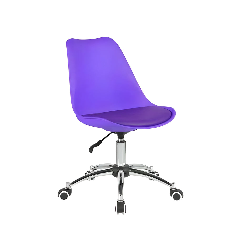 Purple office chair with a chrome base on a white background