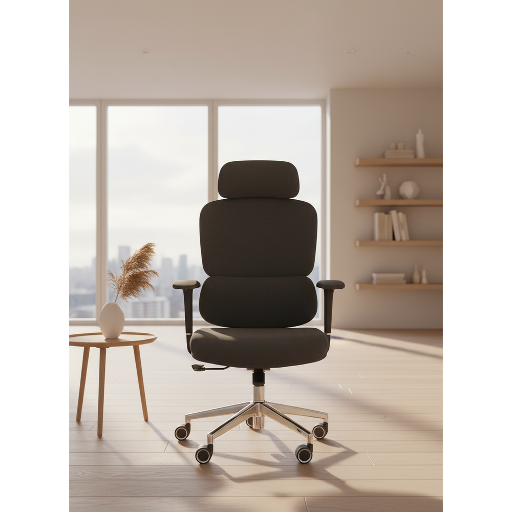 Neva Axis black padded chair beside a small table in a sunlit room
