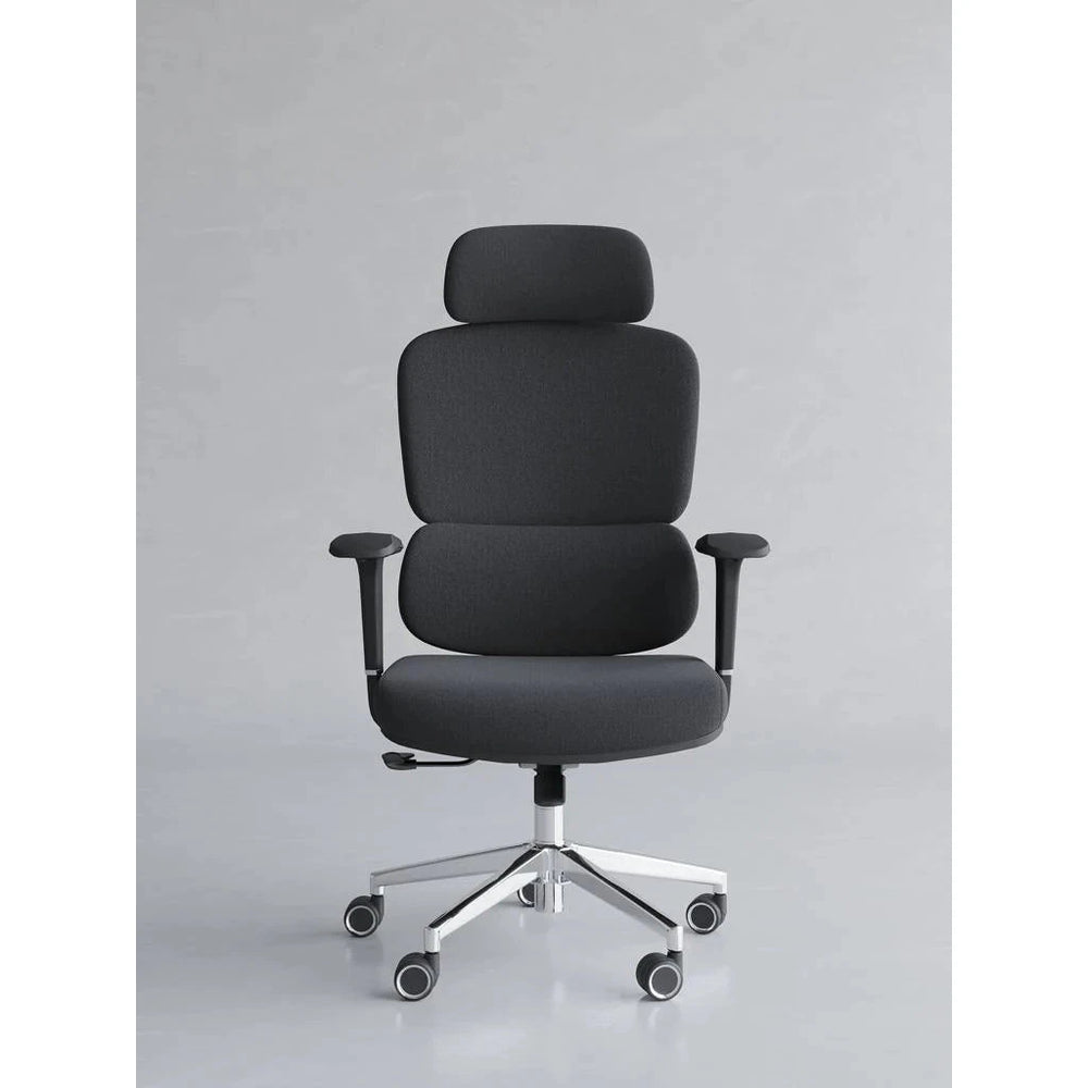 Neva Axis black padded chair with separate headrest and polished base, front view