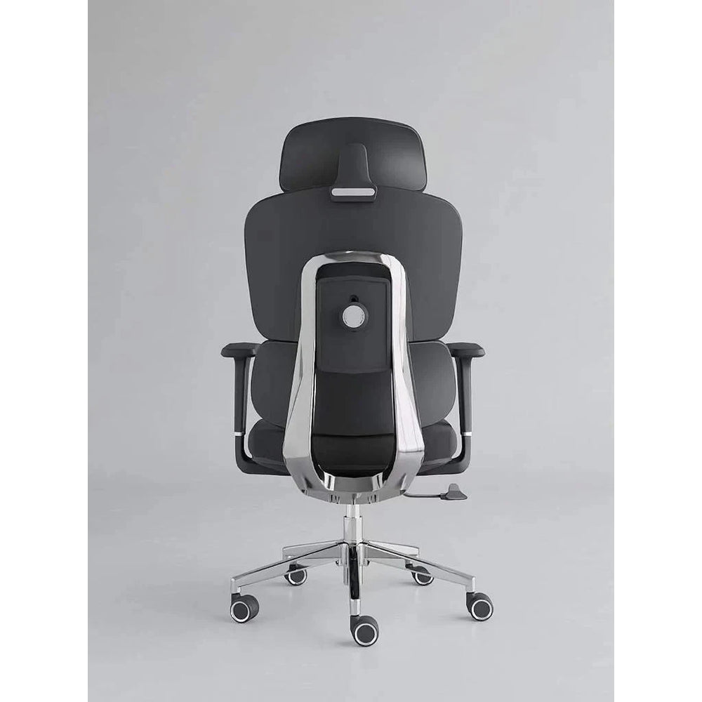 Neva Axis black chair from behind, showing the back shell, polished support frame and rear knob