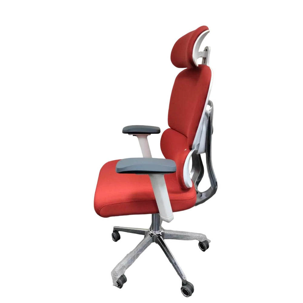 Neva Axis padded chair in side view, showing the light-coloured arm supports, back frame and wrapped base legs