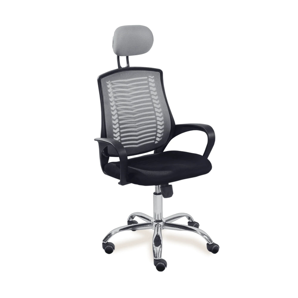 Neva Air Mesh ash-grey mesh chair with matching headrest and black seat, front three-quarter view