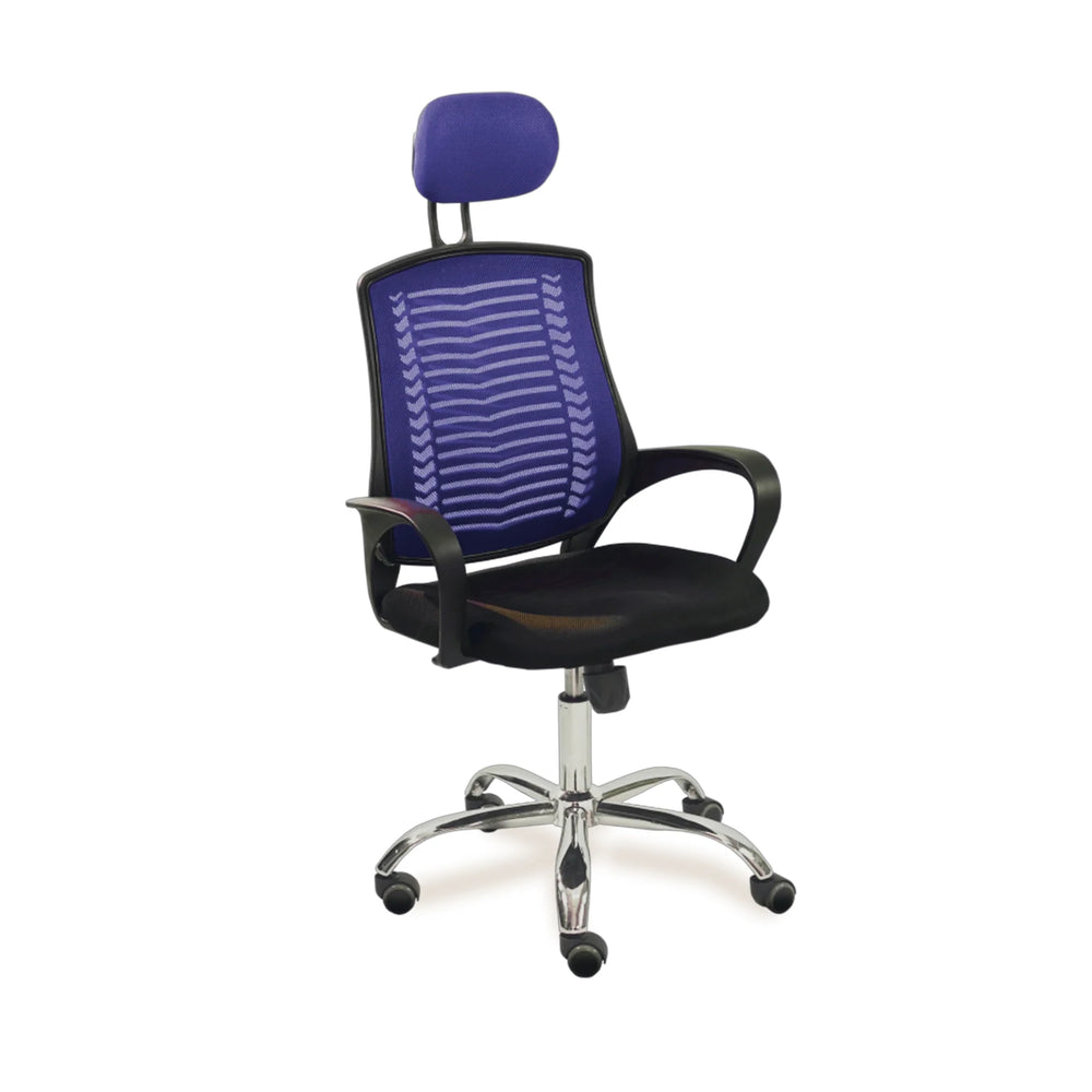 Neva Air Mesh blue mesh chair with matching headrest and black seat, front three-quarter view