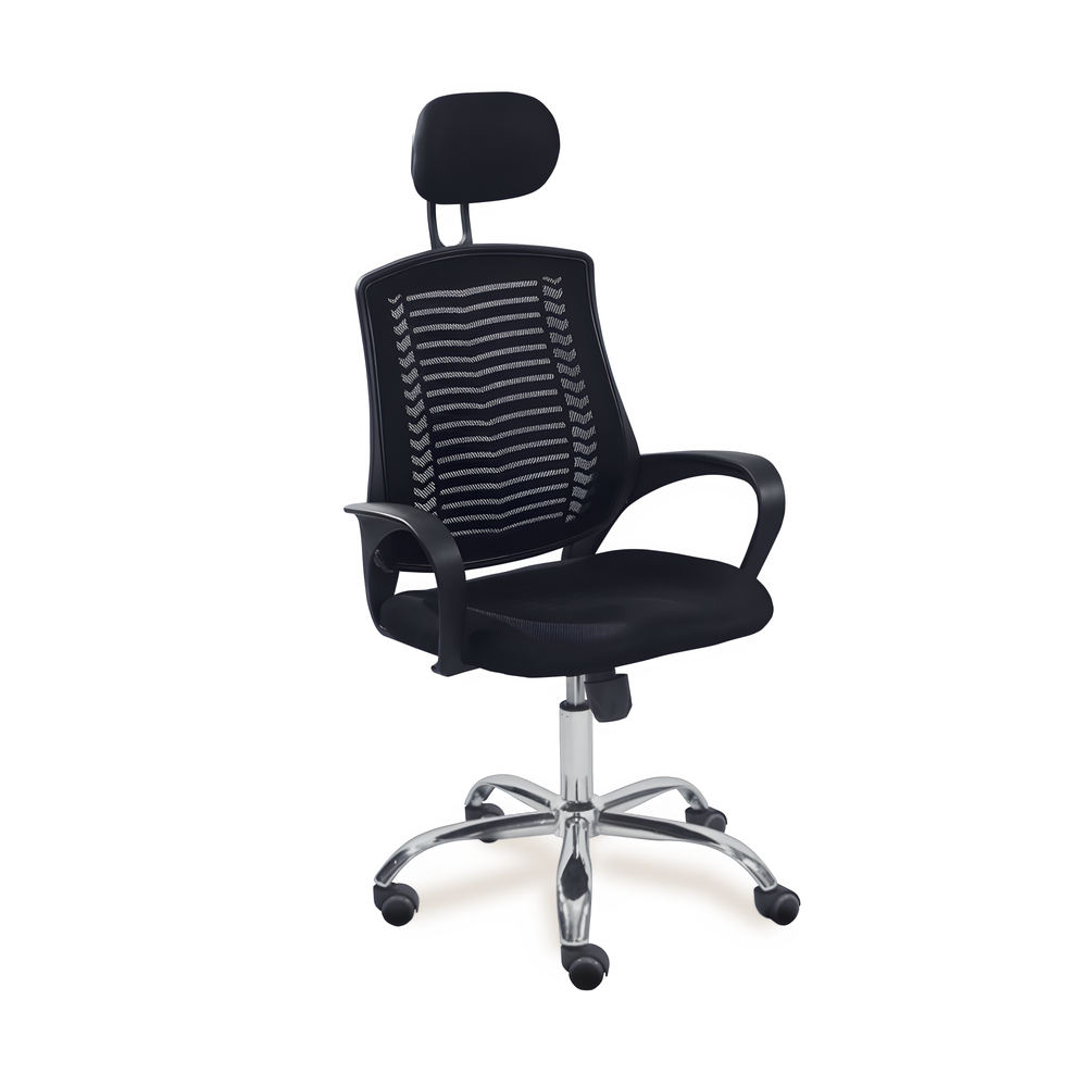 Neva Air Mesh black mesh chair with headrest and black seat, front three-quarter view