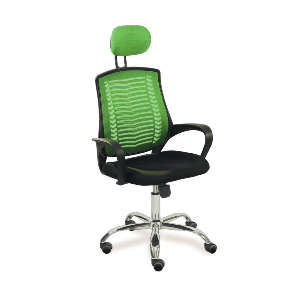 Neva Air Mesh green mesh chair with matching headrest and black seat, front three-quarter view