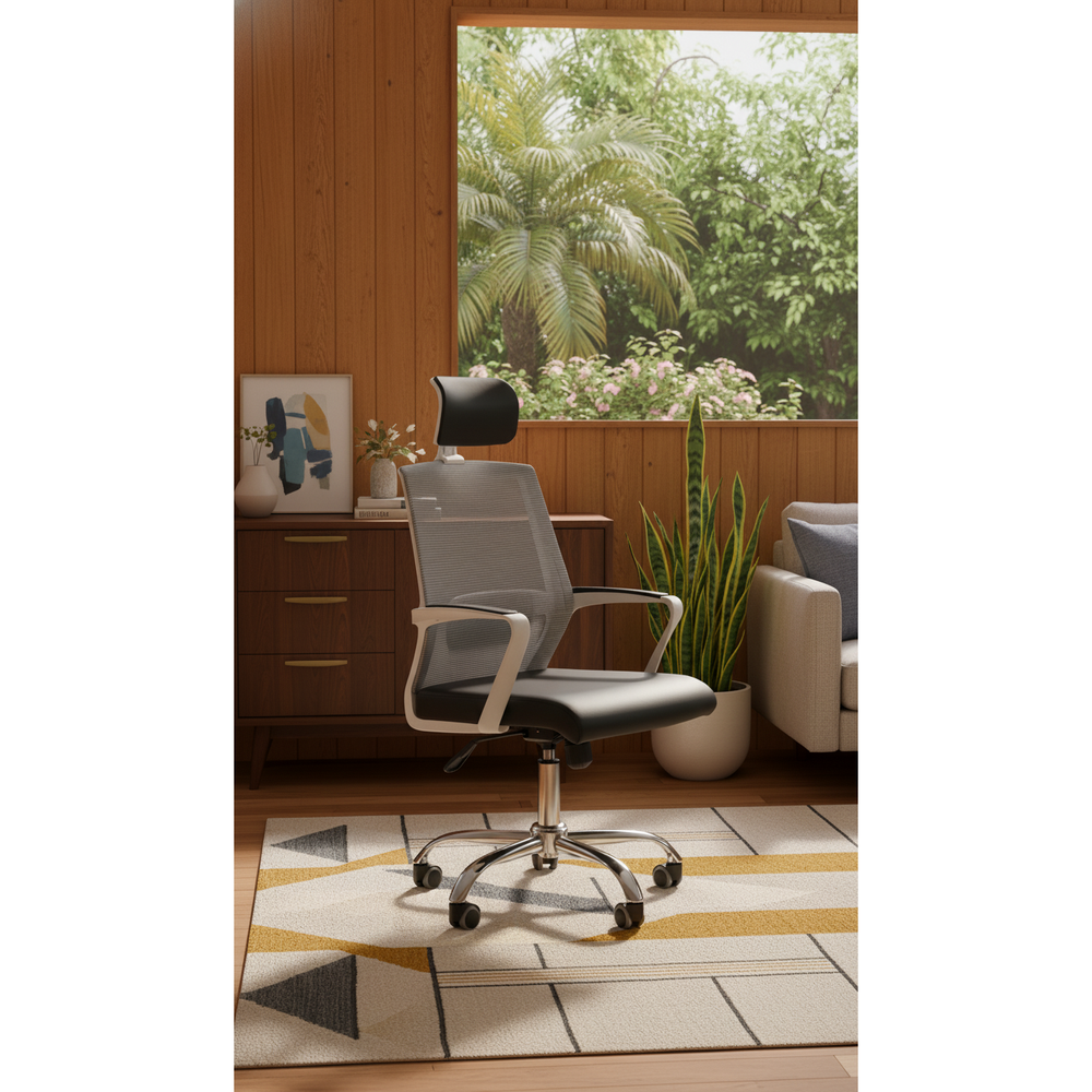Neva Aero grey mesh chair in a wood-paneled room beside a window
