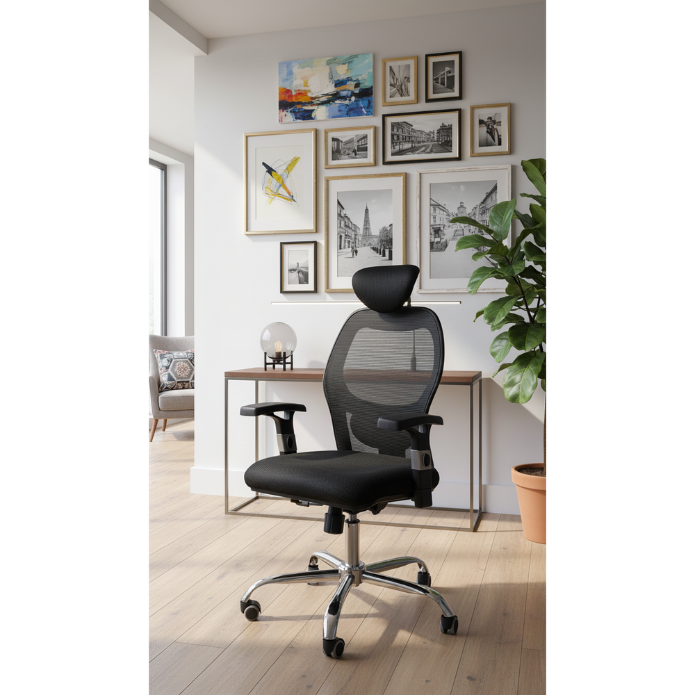 Neva Work Pro black chair in a bright home-office setting