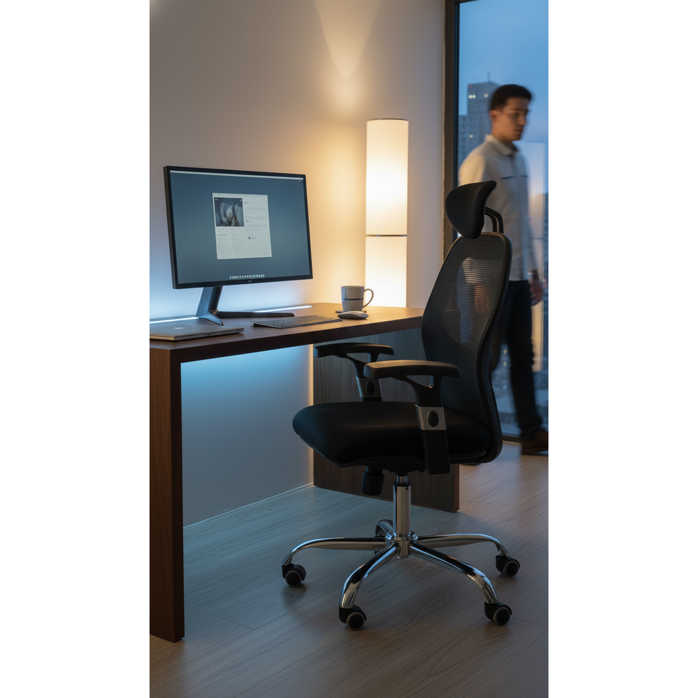 Neva Work Pro black chair beside a computer desk in an evening workspace