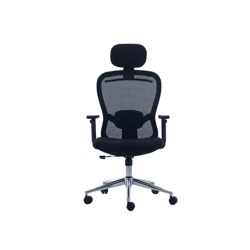 Neva ErgoLine black chair with headrest, lumbar pad and polished base, front three-quarter view