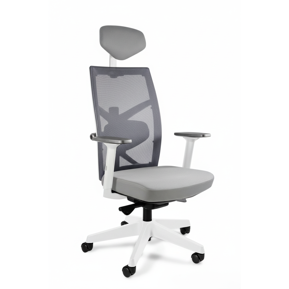 Merryfair Tune grey mesh chair with grey headrest and seat, white arms and white base, front three-quarter view