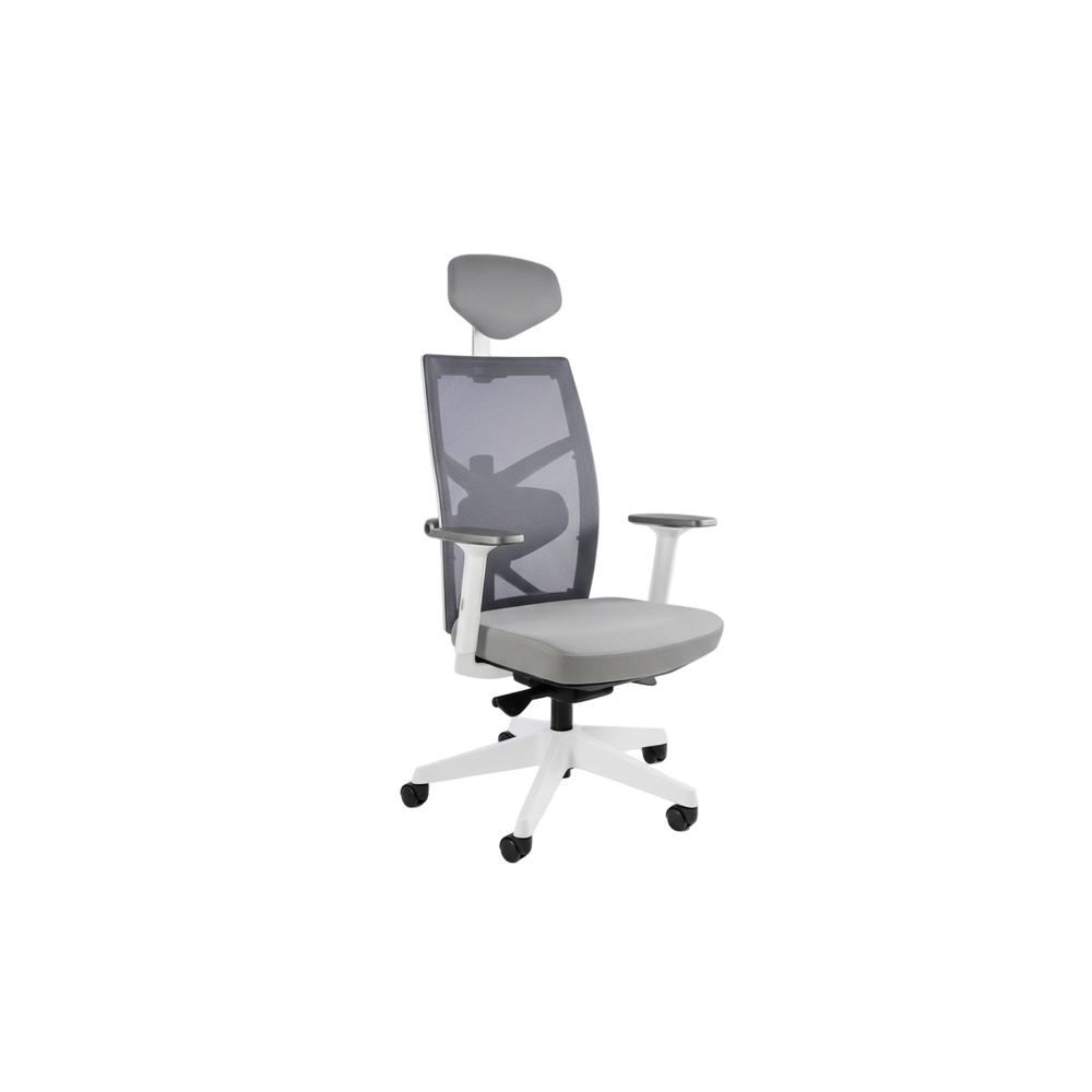 Merryfair Tune grey mesh chair with grey headrest and seat, white arms and white five-star base