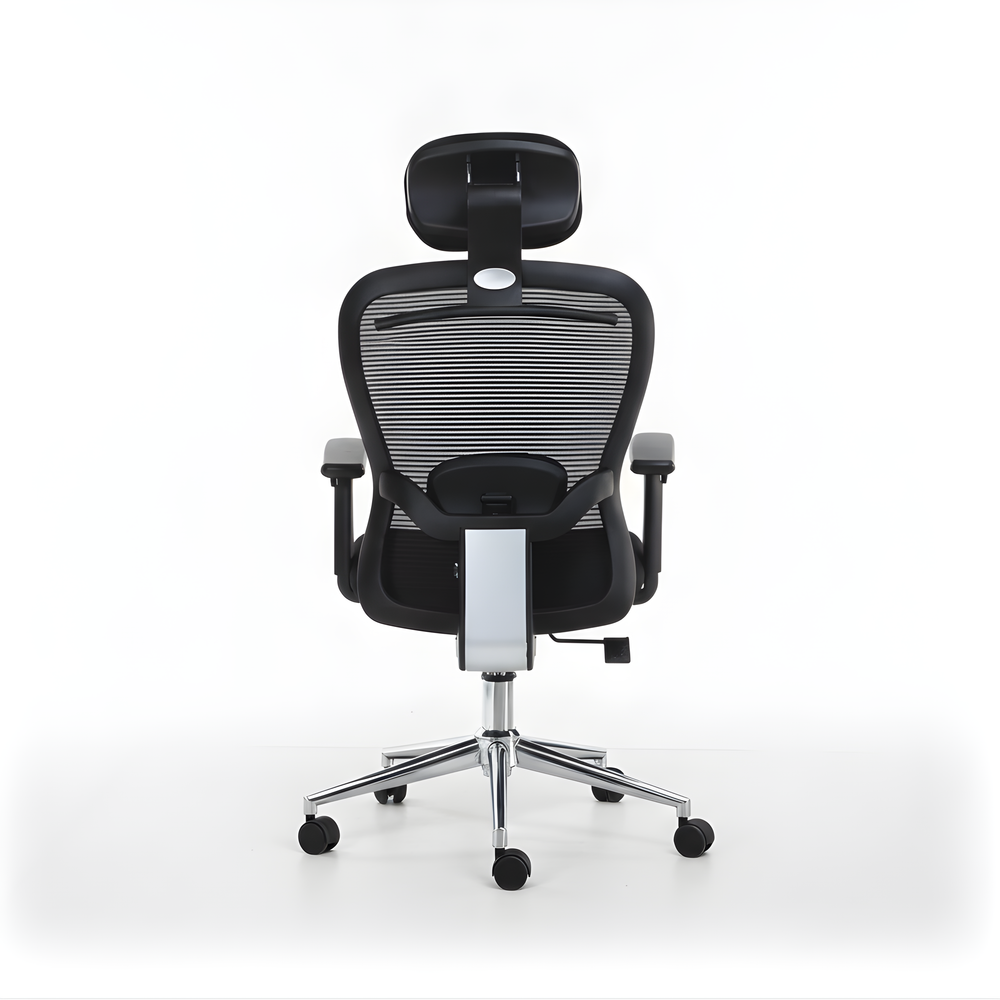 Neva ErgoLine black chair with headrest bracket and silver back support, rear view