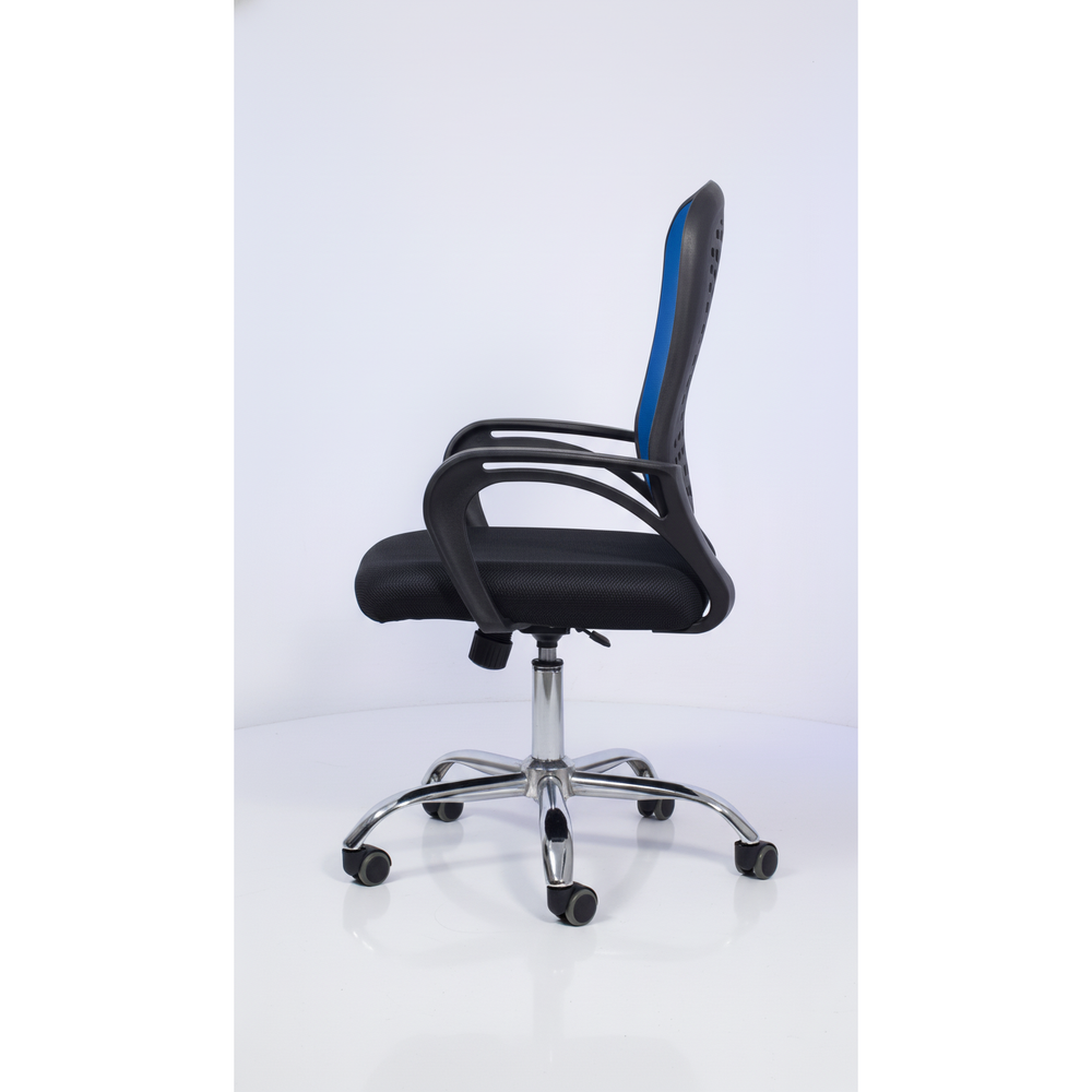 Neva Cube blue mesh chair in side view, showing the curved armrests and under-seat controls