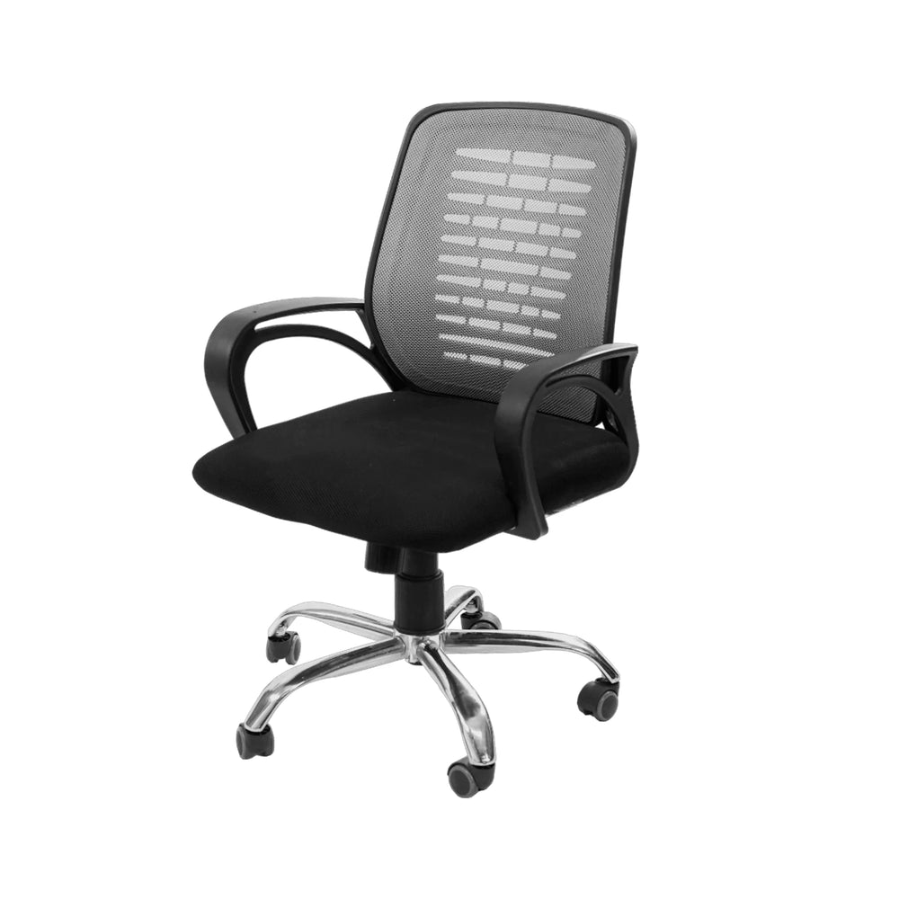Neva Task ash-grey mesh-back chair with black seat and polished base, front three-quarter view