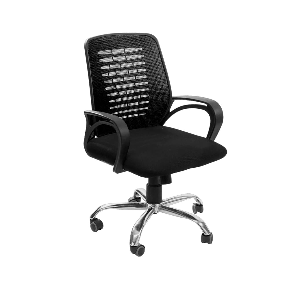 Neva Task black mesh chair with curved armrests and polished base, front three-quarter view