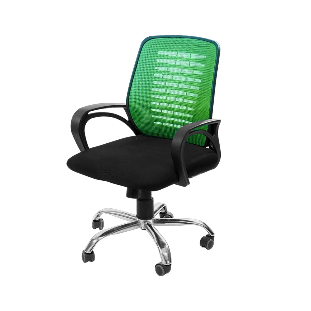 Neva Task green mesh-back chair with black seat and polished base, front three-quarter view