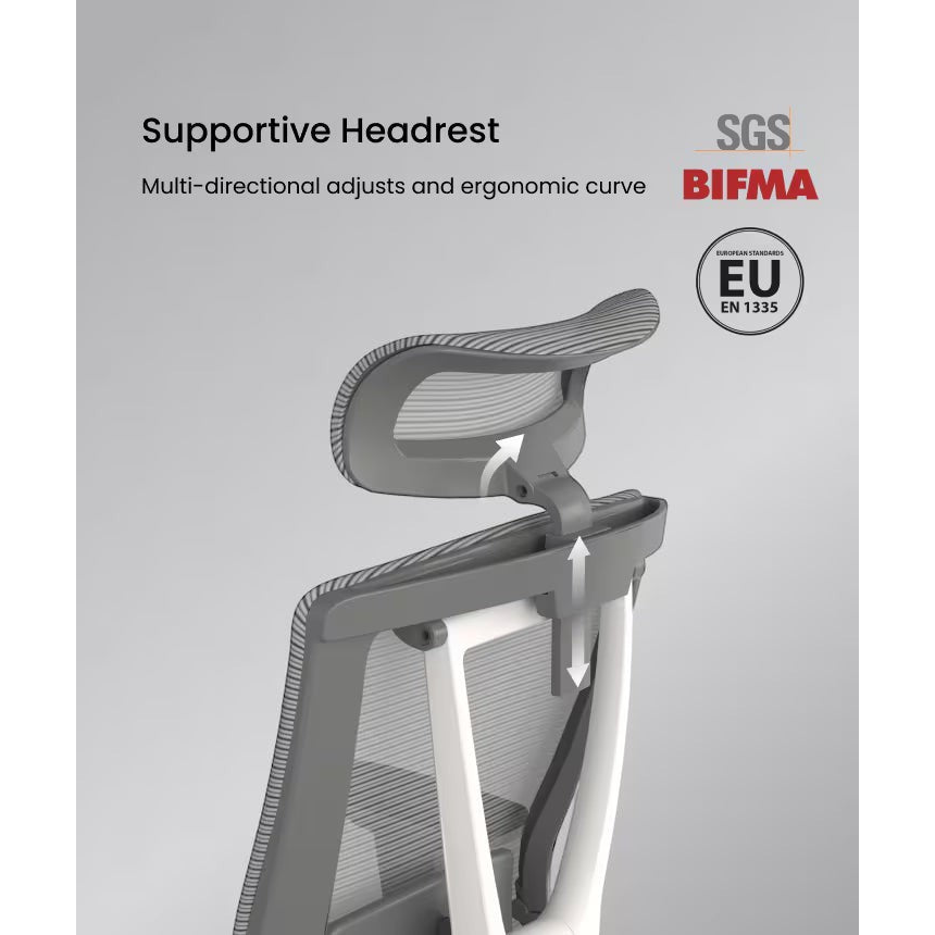 FlexiSpot BS14 grey headrest adjustment diagram with certification logos