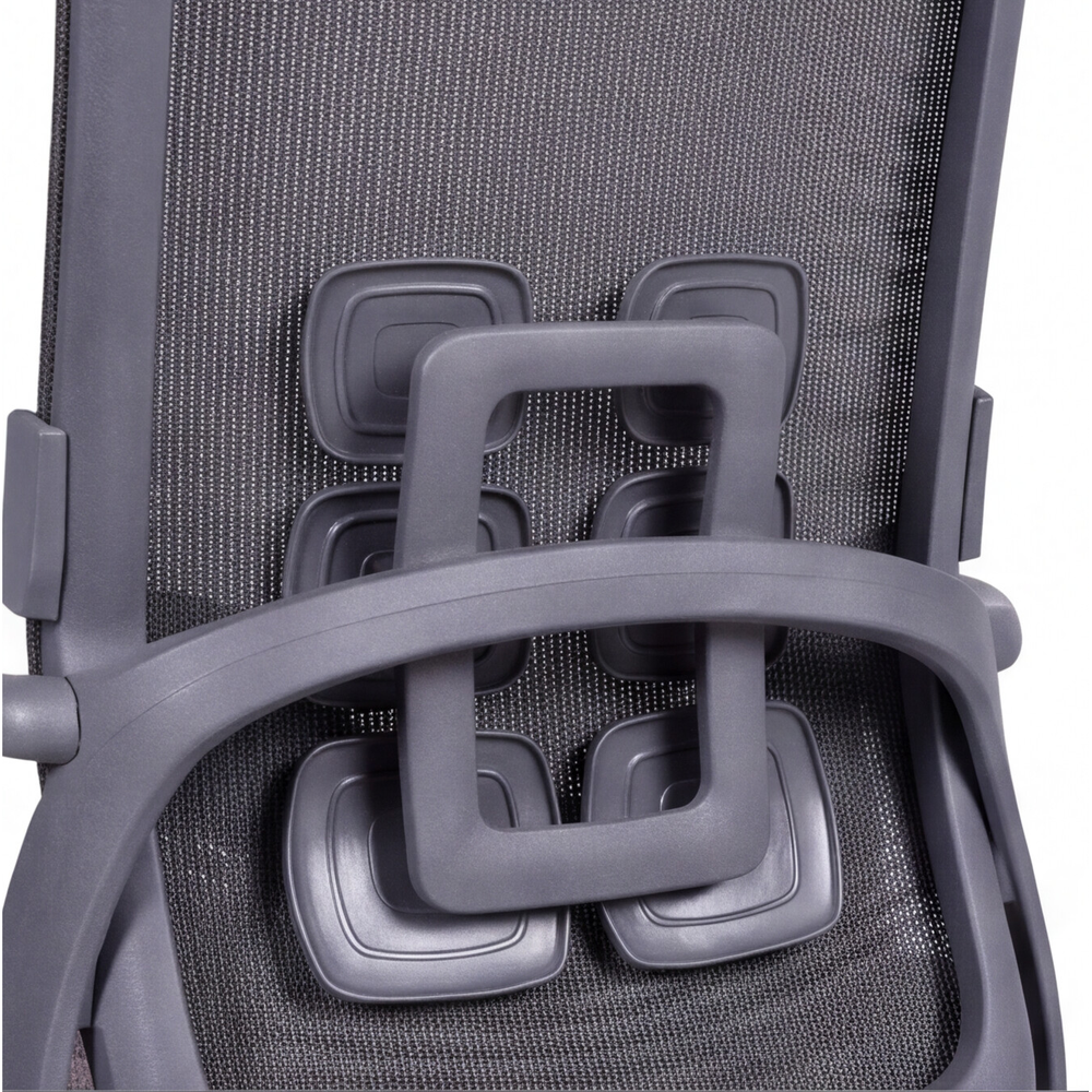 Neva Flexora close-up of the rear mesh back, six support pads and rectangular connecting frame