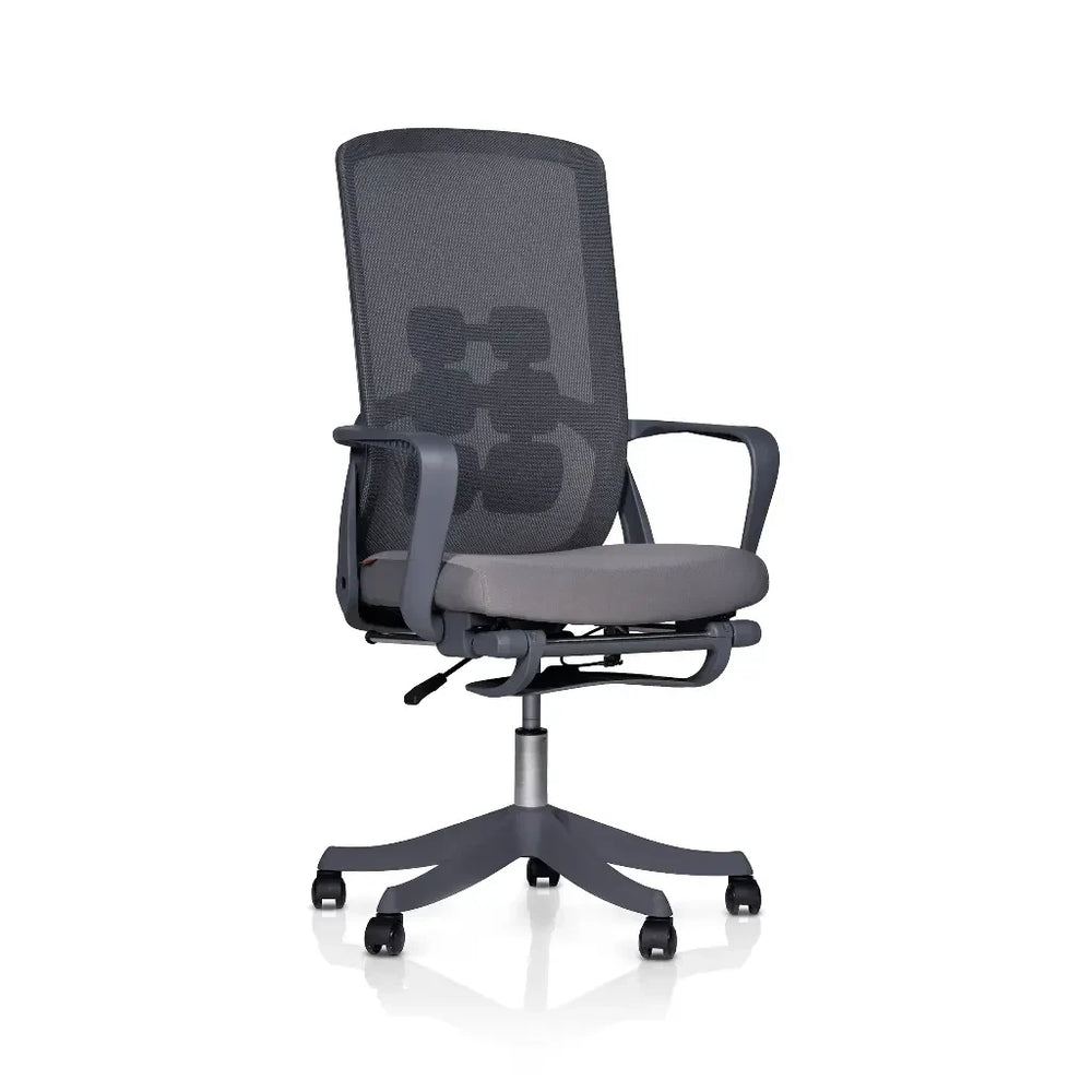 Neva Flexora grey mesh chair without a headrest or separate front lumbar pad, with padded seat and wheeled base