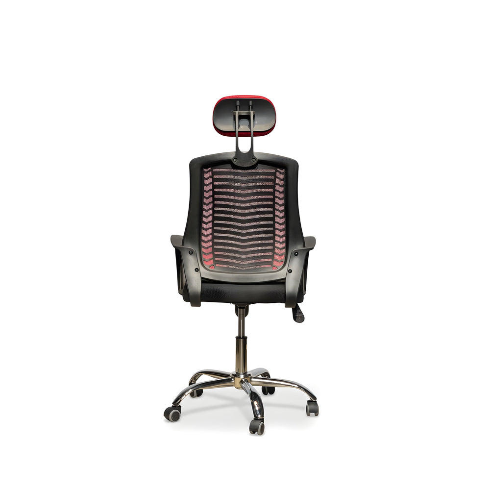 Neva Air Mesh rear view showing the headrest shell, slatted back frame and polished base