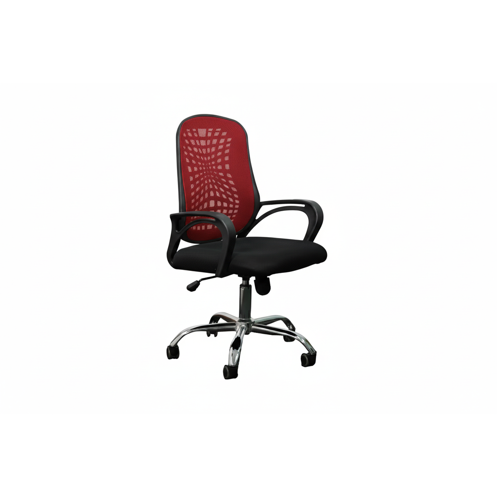 Neva Cube red mesh chair with black seat and polished base, front three-quarter view