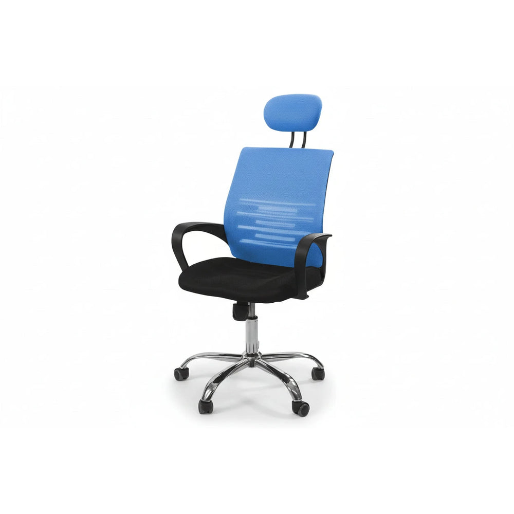 Neva Core blue mesh chair with matching headrest, black seat and polished base on a white background