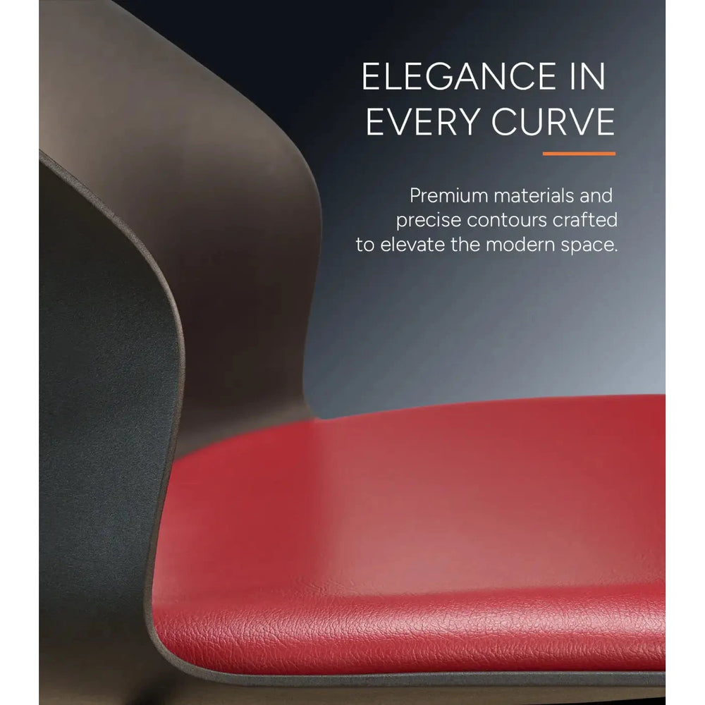 Neva Arlo chair, curved black shell and red-maroon padded seat detail
