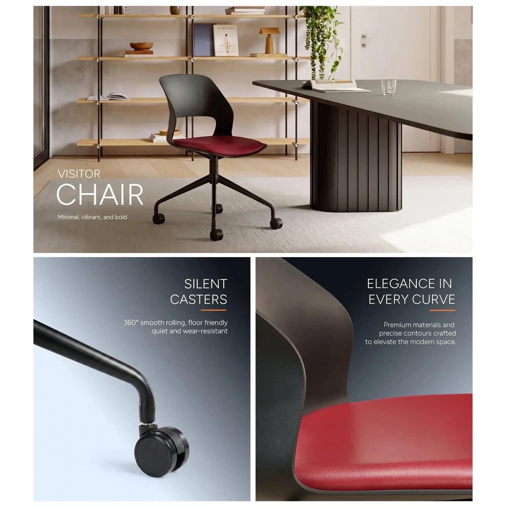Neva Arlo chair, meeting-room scene with caster and seat detail panels