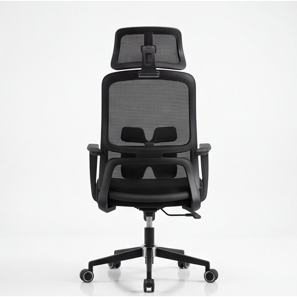 Neva Brix ergonomic chair in Black, rear view showing the mesh back and headrest