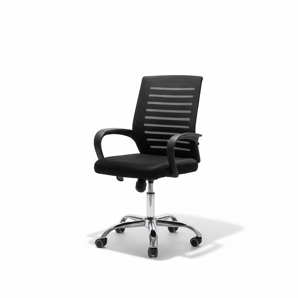 Neva Furniture black mesh back office chair with ergonomic support and cushioned seat, on a chrome base with casters.