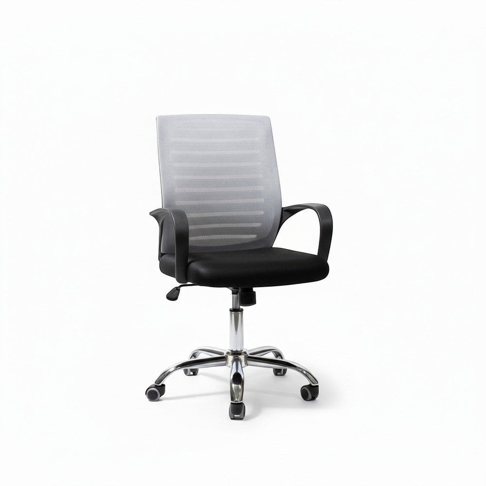 Neva Furniture black mesh back office chair with padded seat and chrome base with wheels.