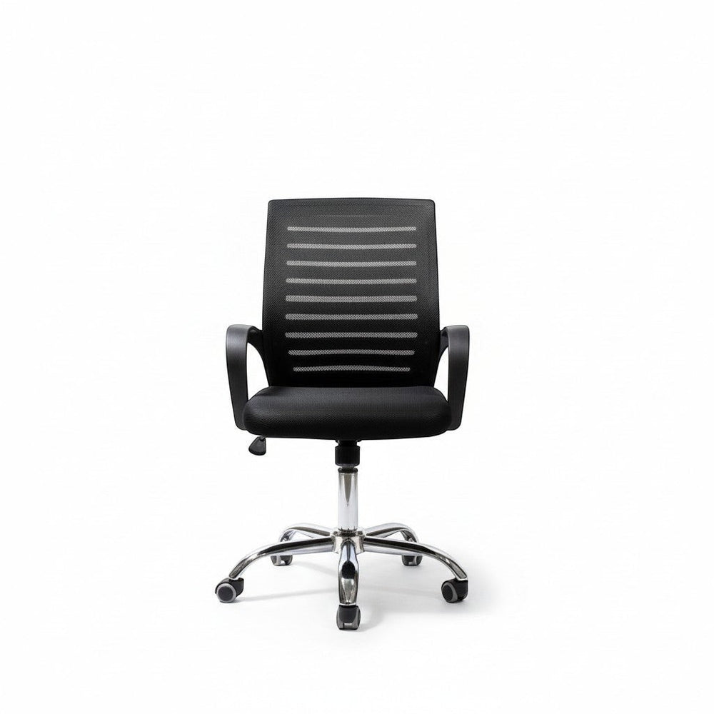 Neva Furniture black mesh back office chair with ergonomic support and cushioned seat, on a chrome base with casters.