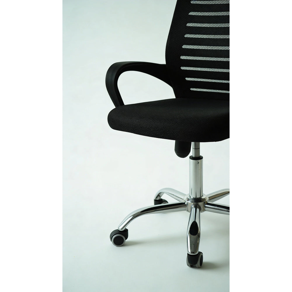 Neva Breeze close-up of the black mesh back, padded seat, loop armrest, under-seat knob and polished base