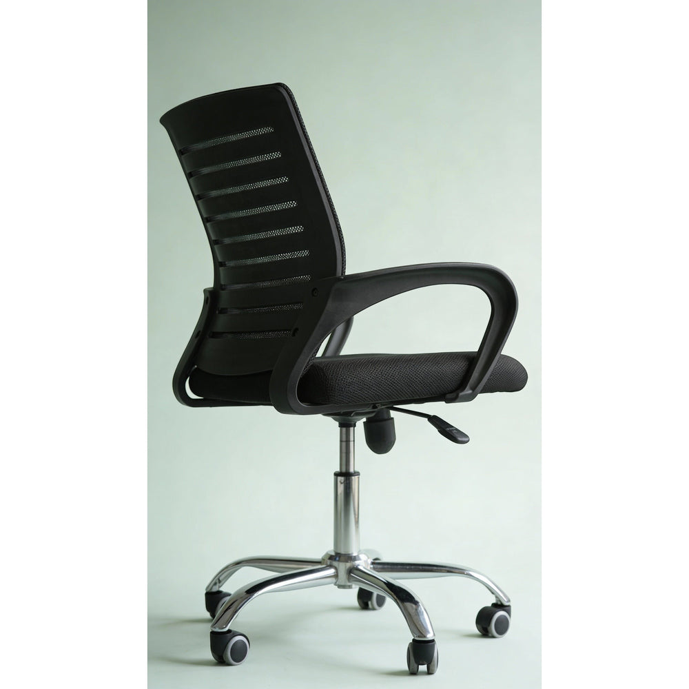 Neva Breeze black mesh chair from the rear three-quarter angle, showing the back frame, loop armrest and wheeled base