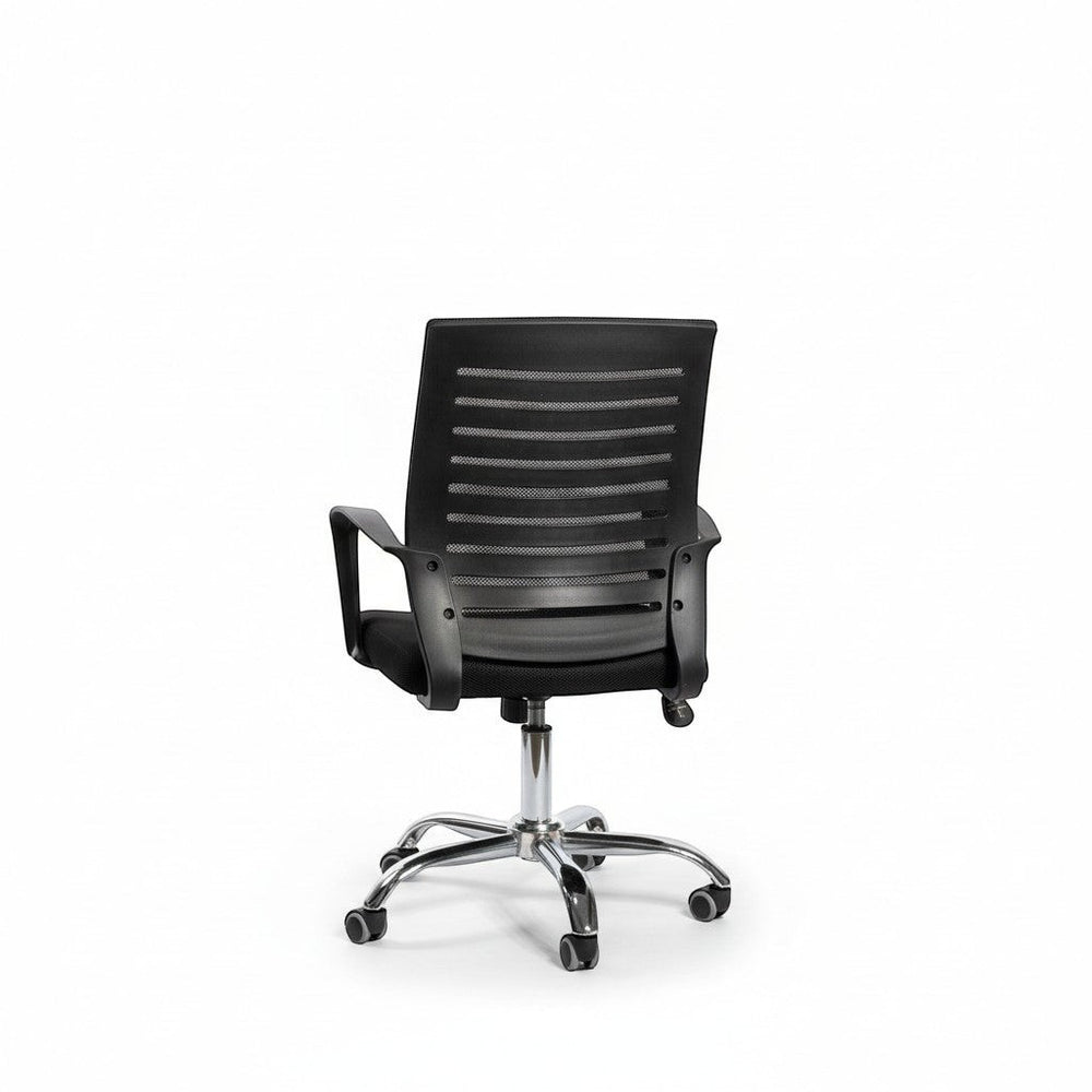 Neva Furniture black mesh back office chair with ergonomic support and chrome base.