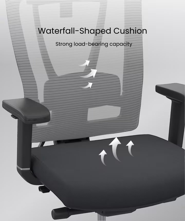 Neva Furniture BS14 ergonomic office chair in black mesh with waterfall-shaped seat cushion for comfort and support.