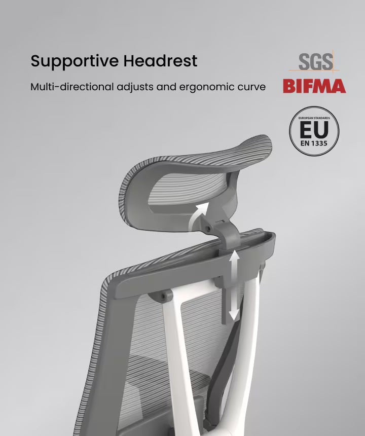 Neva Furniture BS14 ergonomic office chair with adjustable grey mesh headrest and lumbar support.